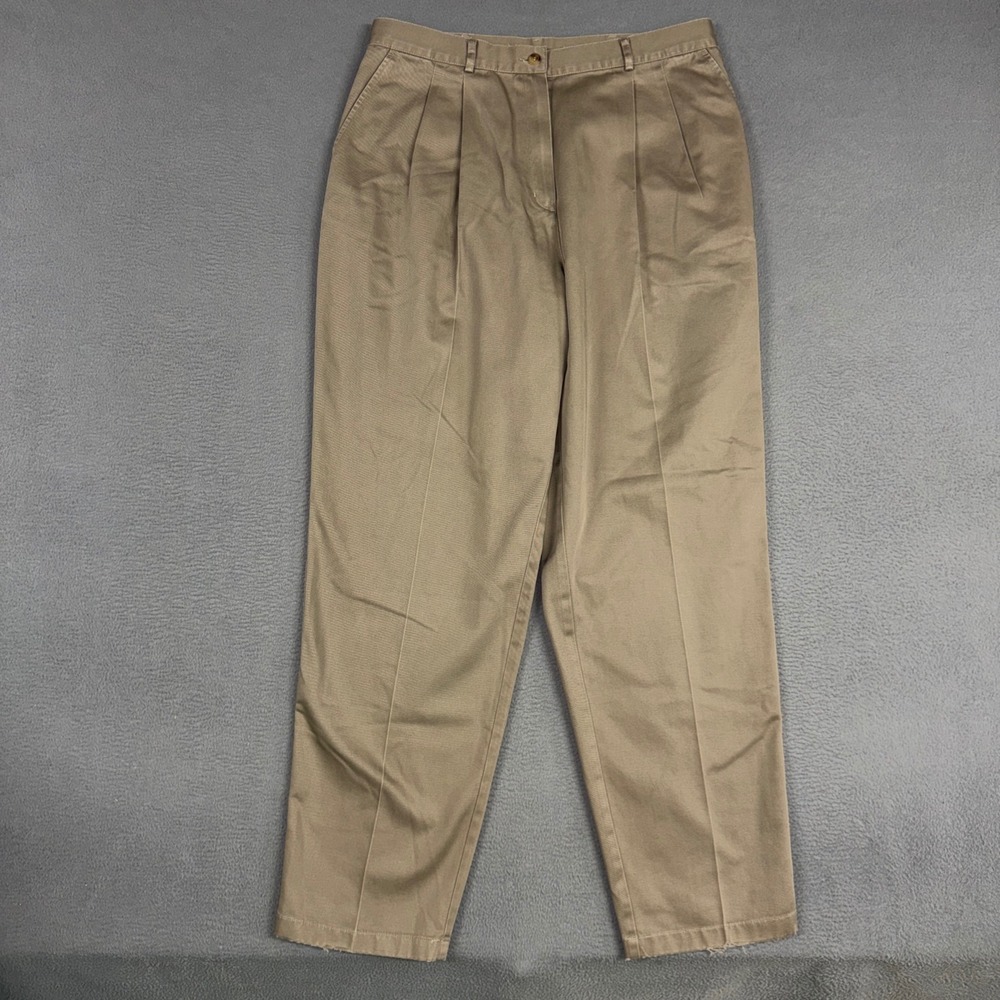 LL Bean Pants Womens 18 Tall Brown Khaki Pleated High Rise Tapered Cotton Twill